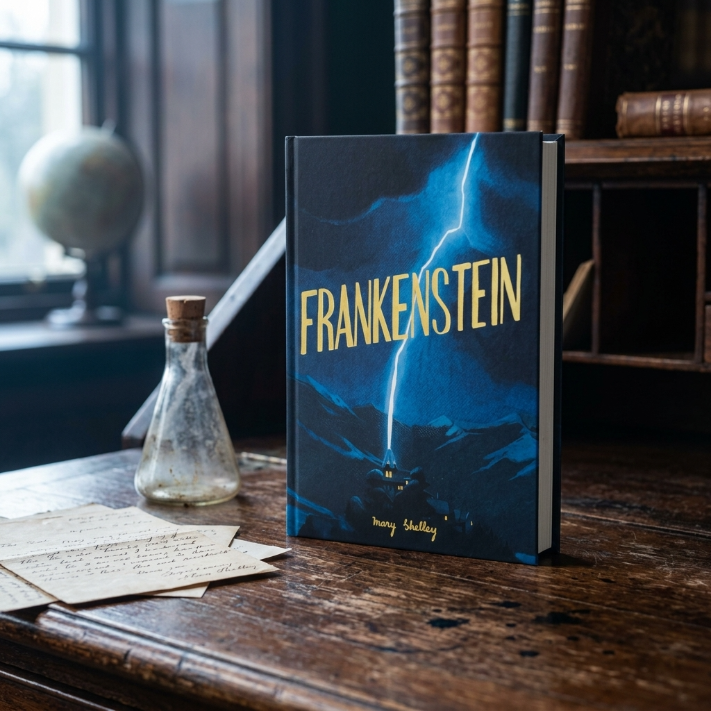 Frankenstein by Mary Shelley Wordsworth hardback on an antique writing desk