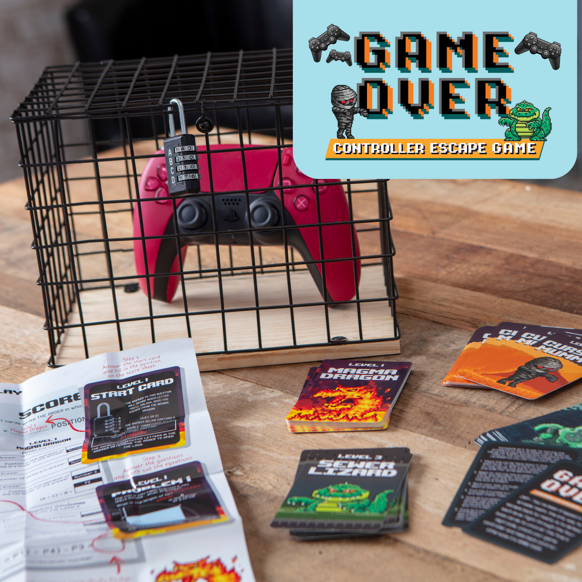 Game Over Controller Escape Room Game with controller cage, cards and game contents