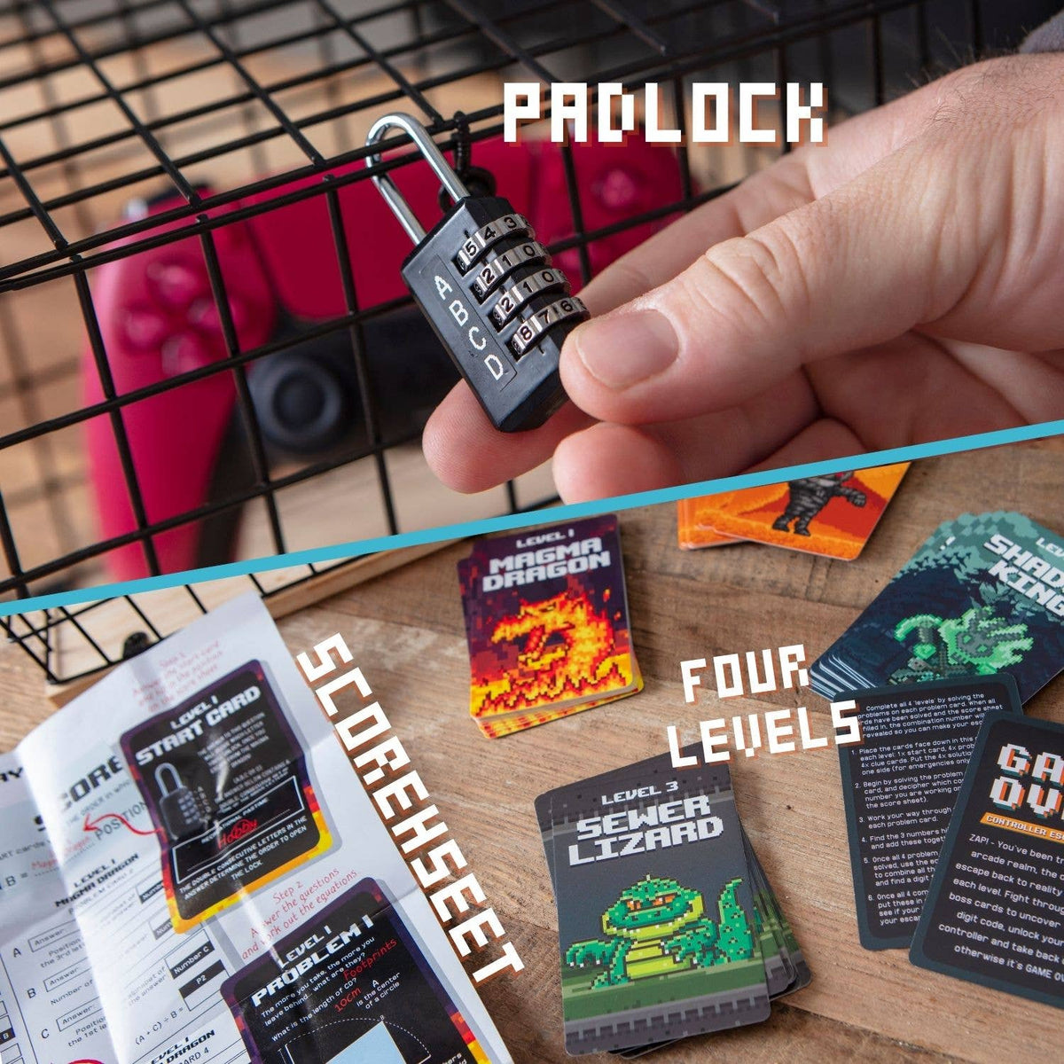 Game Over Controller Escape Room showing the combination padlock, scoresheet and four gaming challenge levels