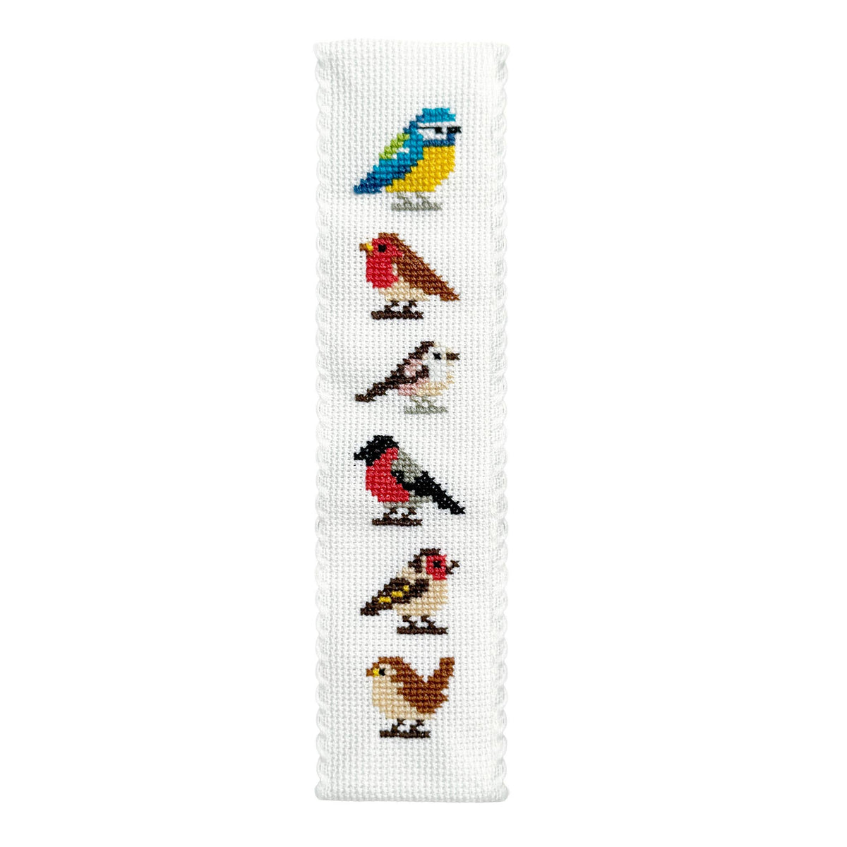 Garden Birds Cross Stitch Bookmark Kit finished design featuring six colourful embroidered garden birds