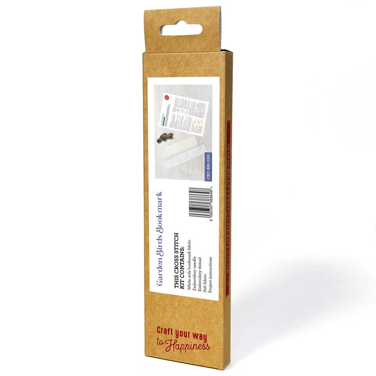 Garden Birds Cross Stitch Bookmark Kit packaging back showing The Crafty Kit Company product information