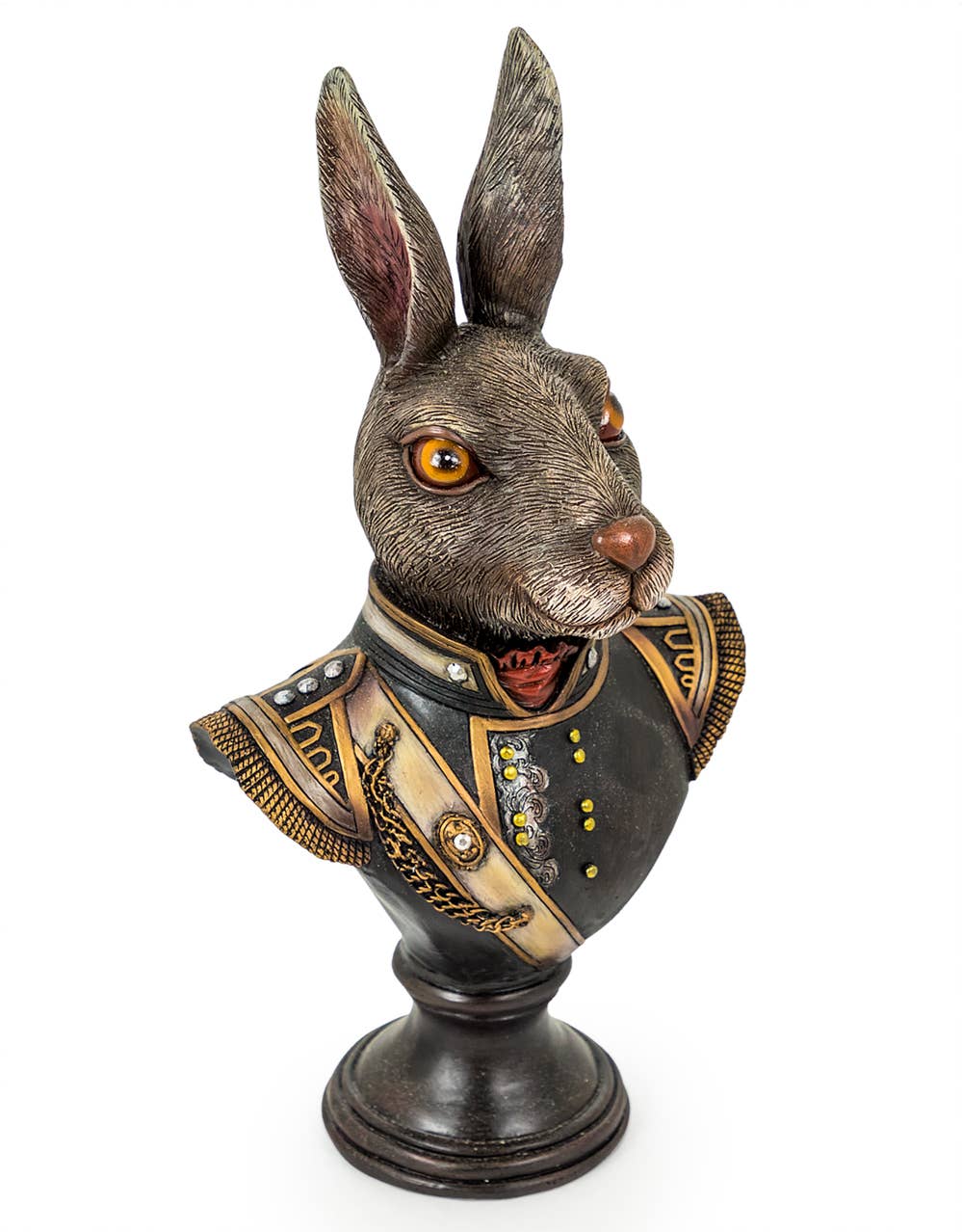 Gentry Rabbit Bust decorative ornament on round pedestal base with detailed military-inspired jacket