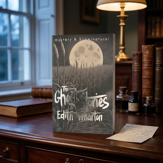 The Ghost Stories of Edith Wharton paperback on an antique writing desk in a Victorian study