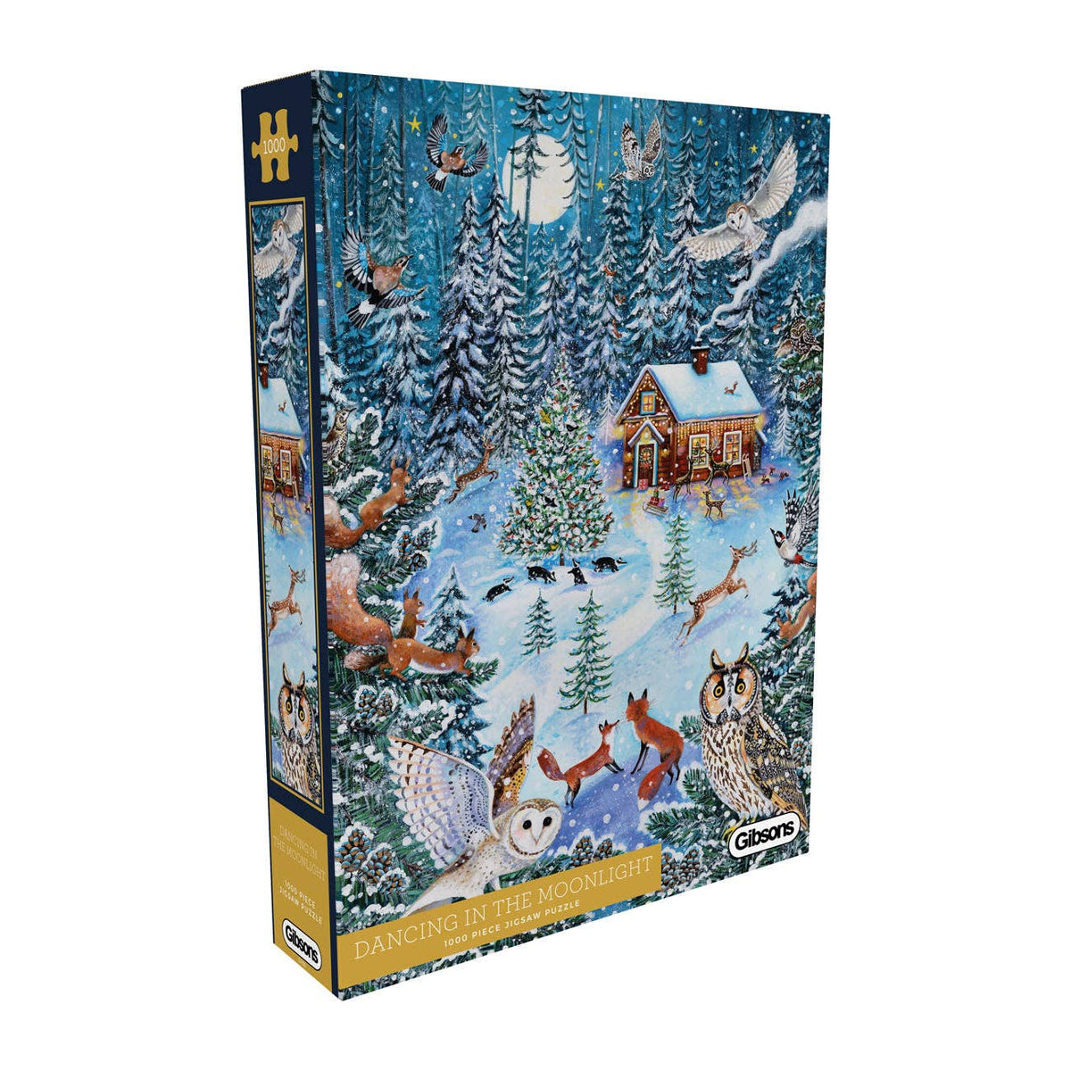 Dancing in the Moonlight 1000 piece jigsaw puzzle by Gibsons, showing the illustrated product box with a snowy woodland scene.