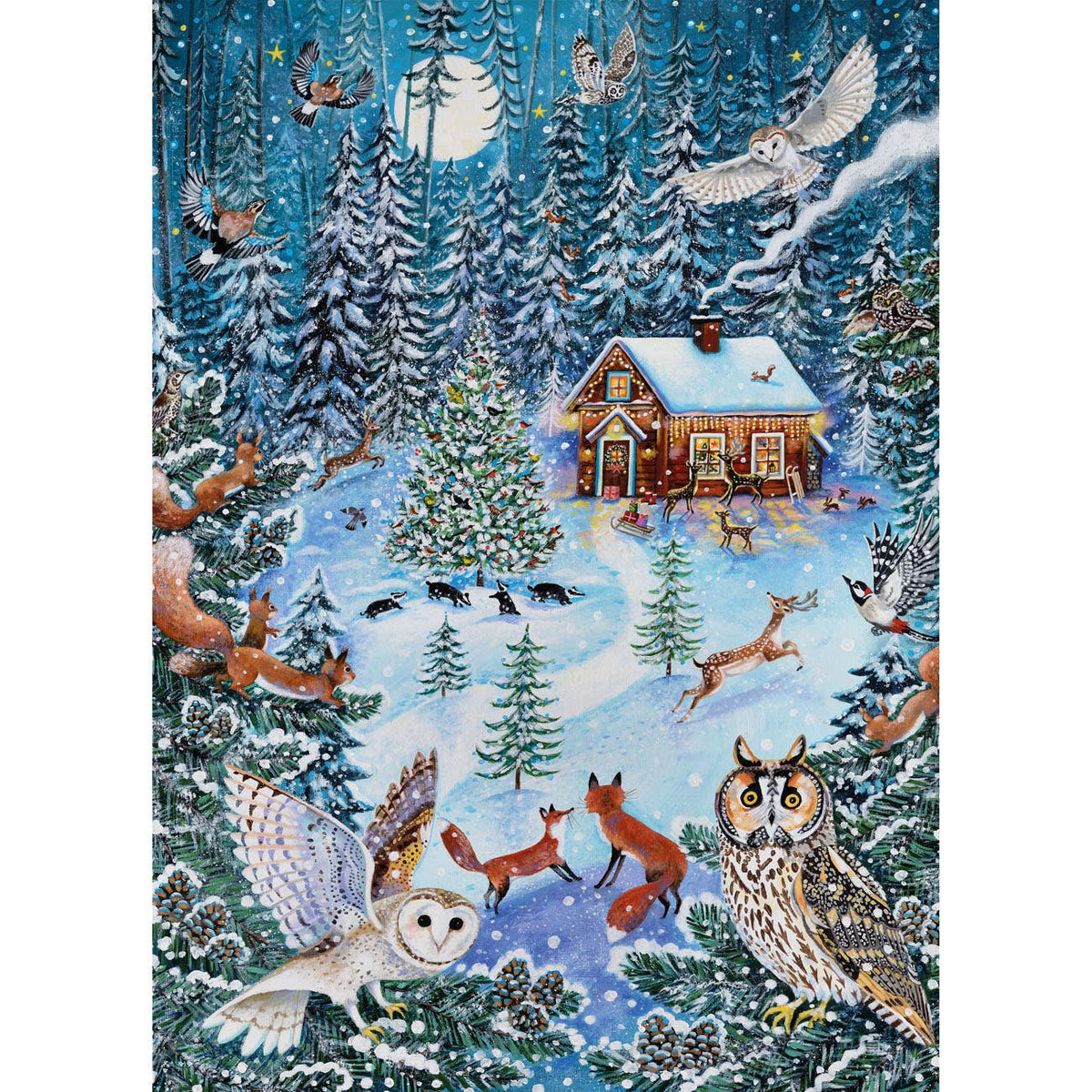 Dancing in the Moonlight jigsaw puzzle by Gibsons, featuring owls, foxes and a snow-covered cottage beneath the full moon.