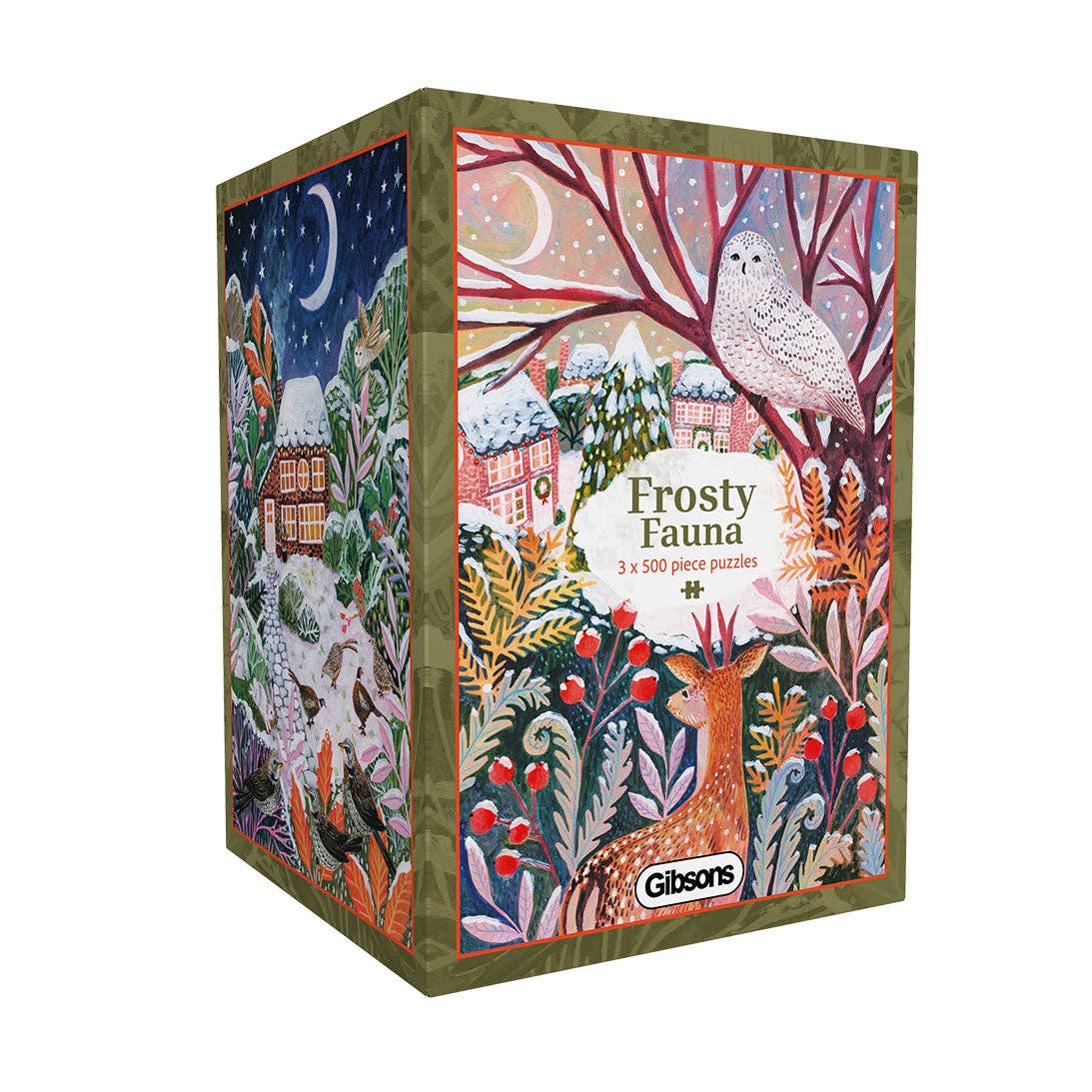 Frosty Fauna 3 x 500 piece jigsaw puzzle set by Gibsons, showing the illustrated presentation box decorated with a deer, winter trees and colourful woodland foliage.