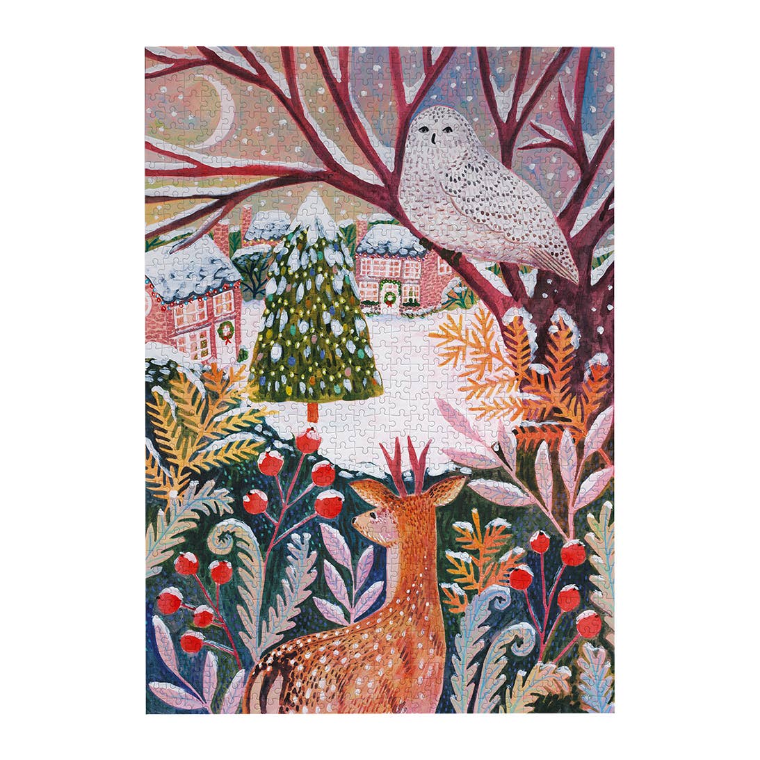 Frosty Fauna woodland illustration by Lee Foster-Wilson featuring a deer among patterned trees, red berries and colourful winter foliage.