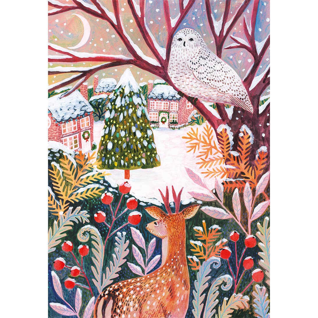 Frosty Fauna jigsaw puzzle by Gibsons featuring a deer beneath winter branches, surrounded by red berries and richly coloured woodland plants.