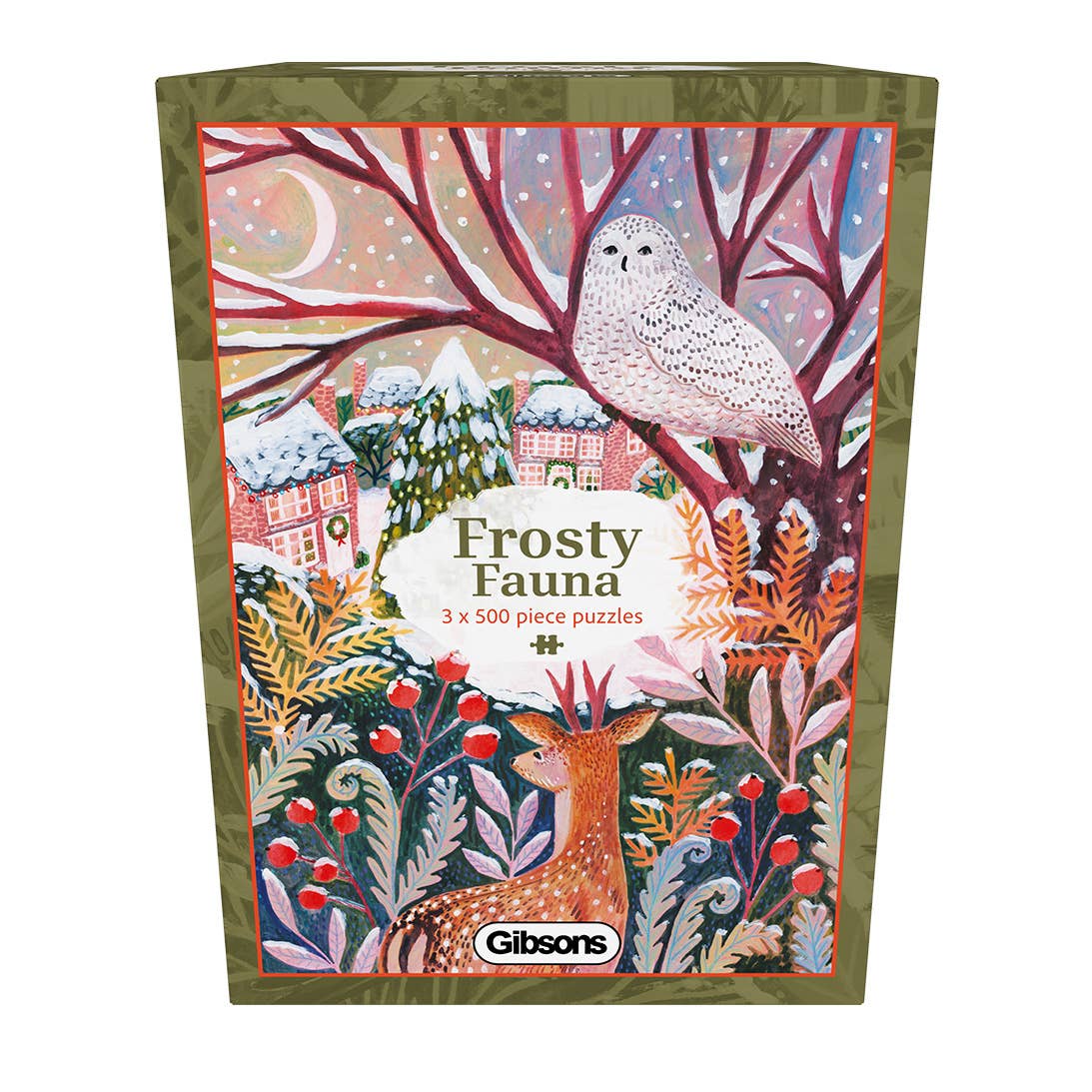 Frosty Fauna Gibsons jigsaw puzzle set showing the front of the box with a deer among frosty branches, red berries and winter foliage.