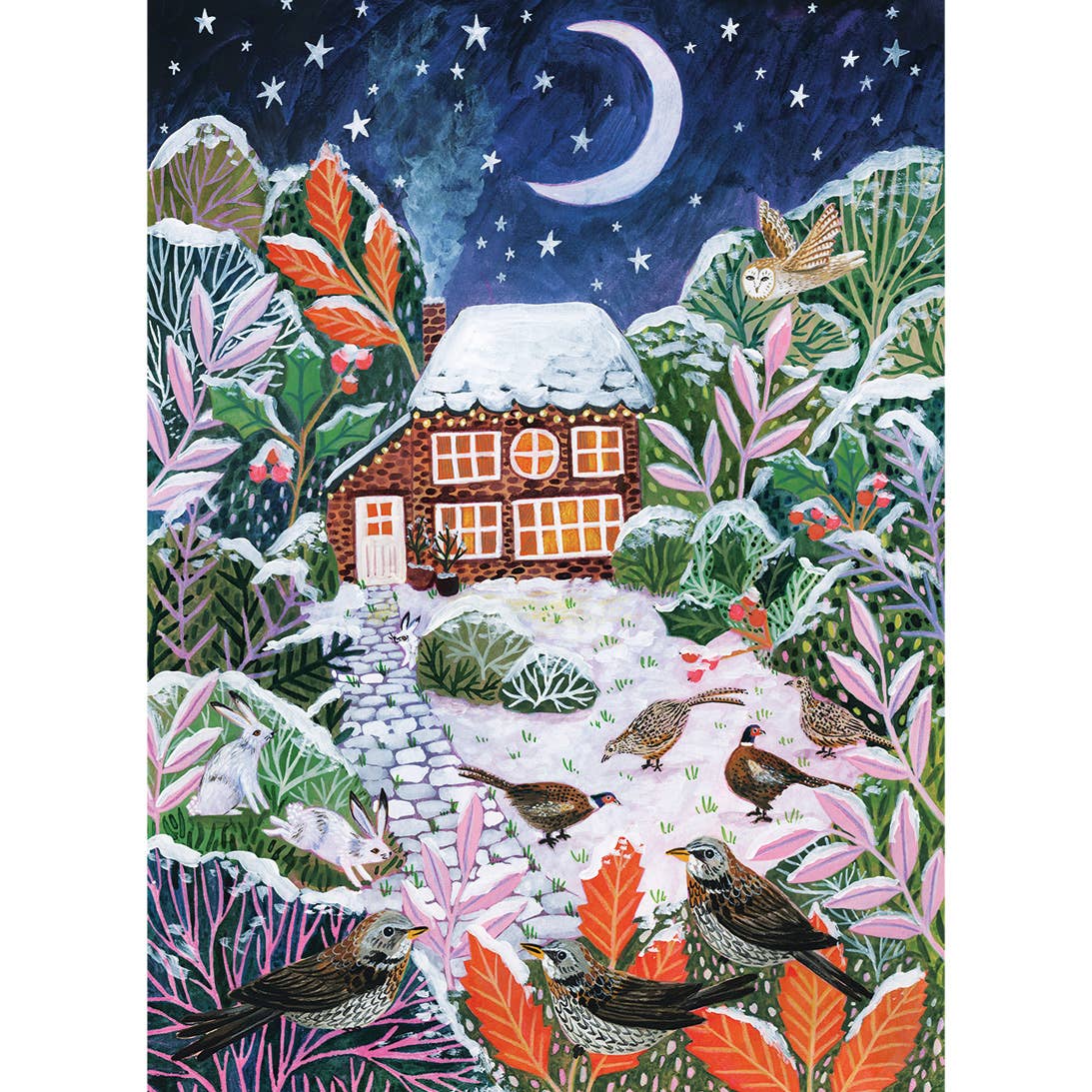 Frosty Fauna jigsaw puzzle by Gibsons featuring snow-covered cottages, a moonlit sky and woodland animals surrounded by winter plants.