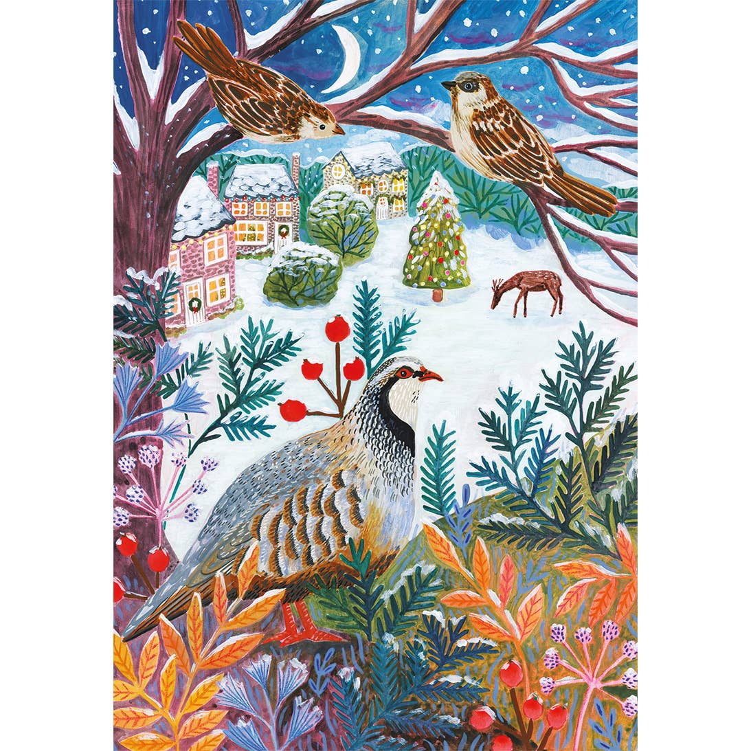 Frosty Fauna jigsaw puzzle by Gibsons featuring colourful winter birds perched among frosty branches, berries and vibrant woodland foliage.
