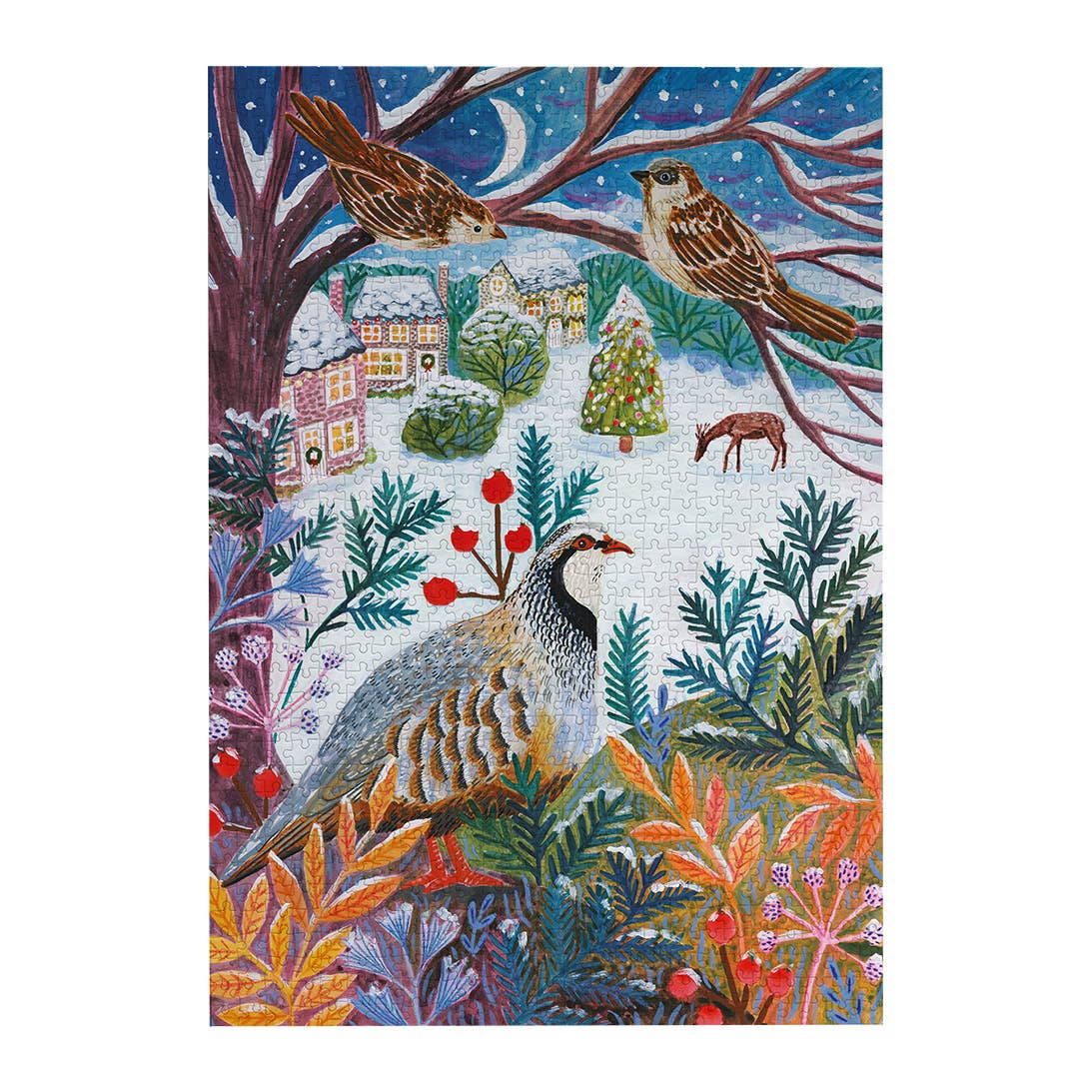 Frosty Fauna winter birds illustration by Lee Foster-Wilson, showing birds surrounded by blue branches, red berries and colourful plants.