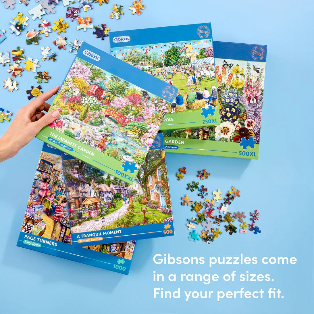 Gibsons jigsaw puzzles in a range of piece counts and box sizes, featuring colourful countryside, garden and traditional illustrations.