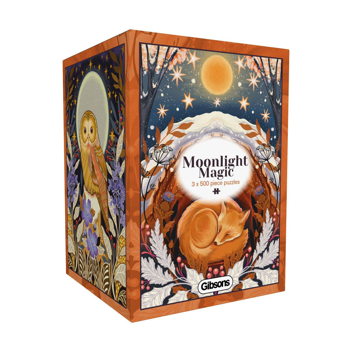 Moonlight Magic 3 x 500 piece jigsaw puzzle set by Gibsons, showing the illustrated woodland-themed presentation box.