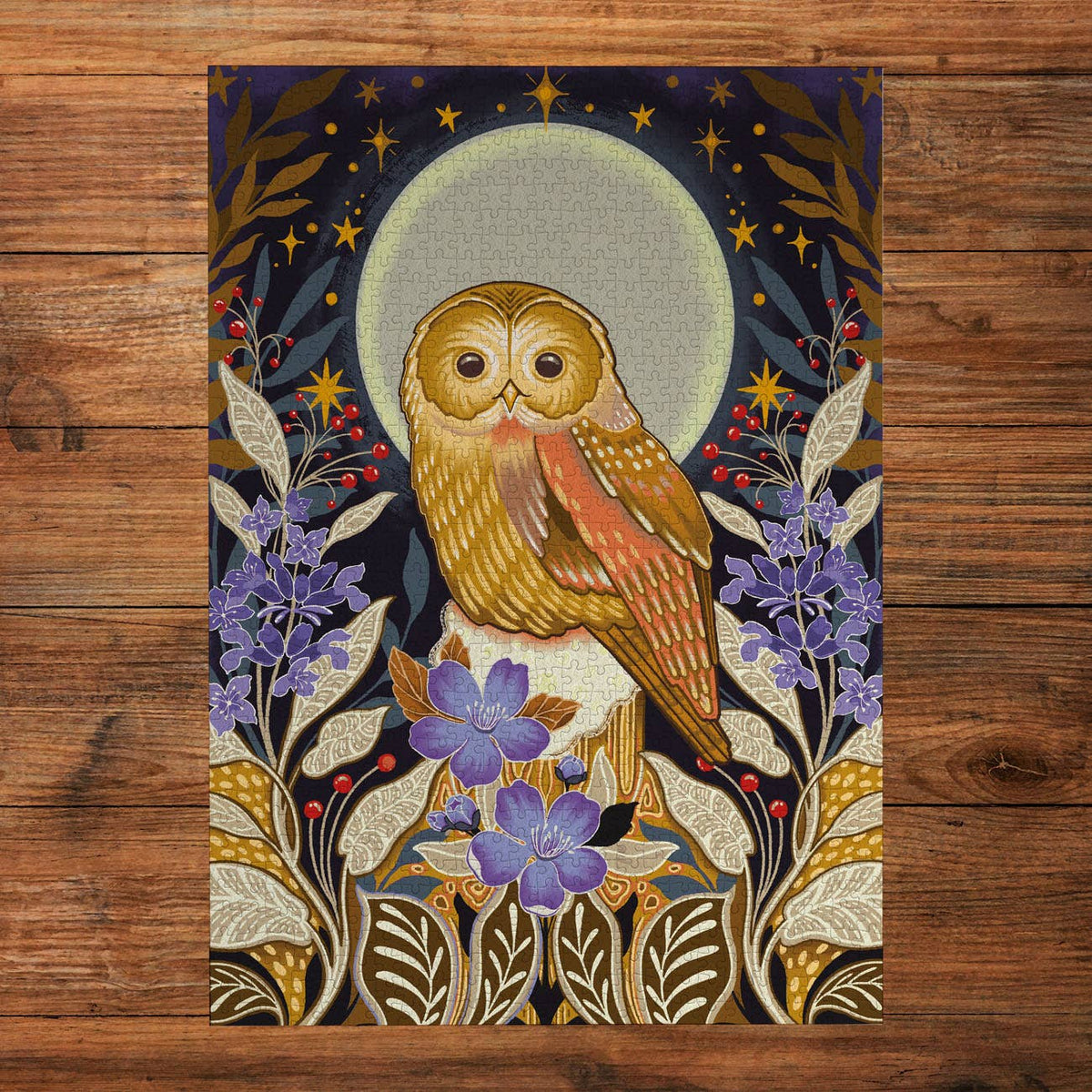 Moonlight Magic Owl and Sage Blossom jigsaw puzzle by Gibsons, featuring an illustrated owl surrounded by colourful woodland flowers.