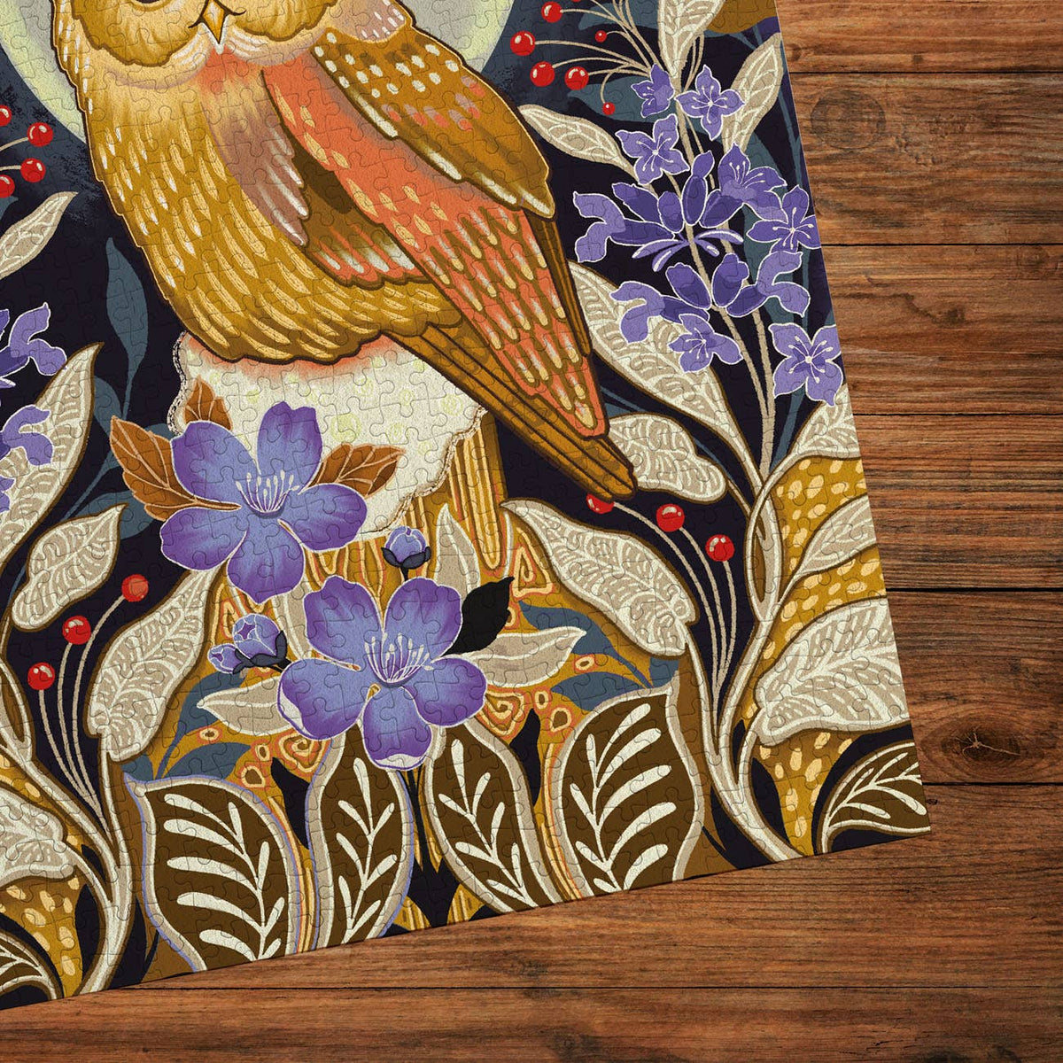Moonlight Magic Gibsons jigsaw puzzle showing a close-up of the owl illustration with detailed botanical artwork.