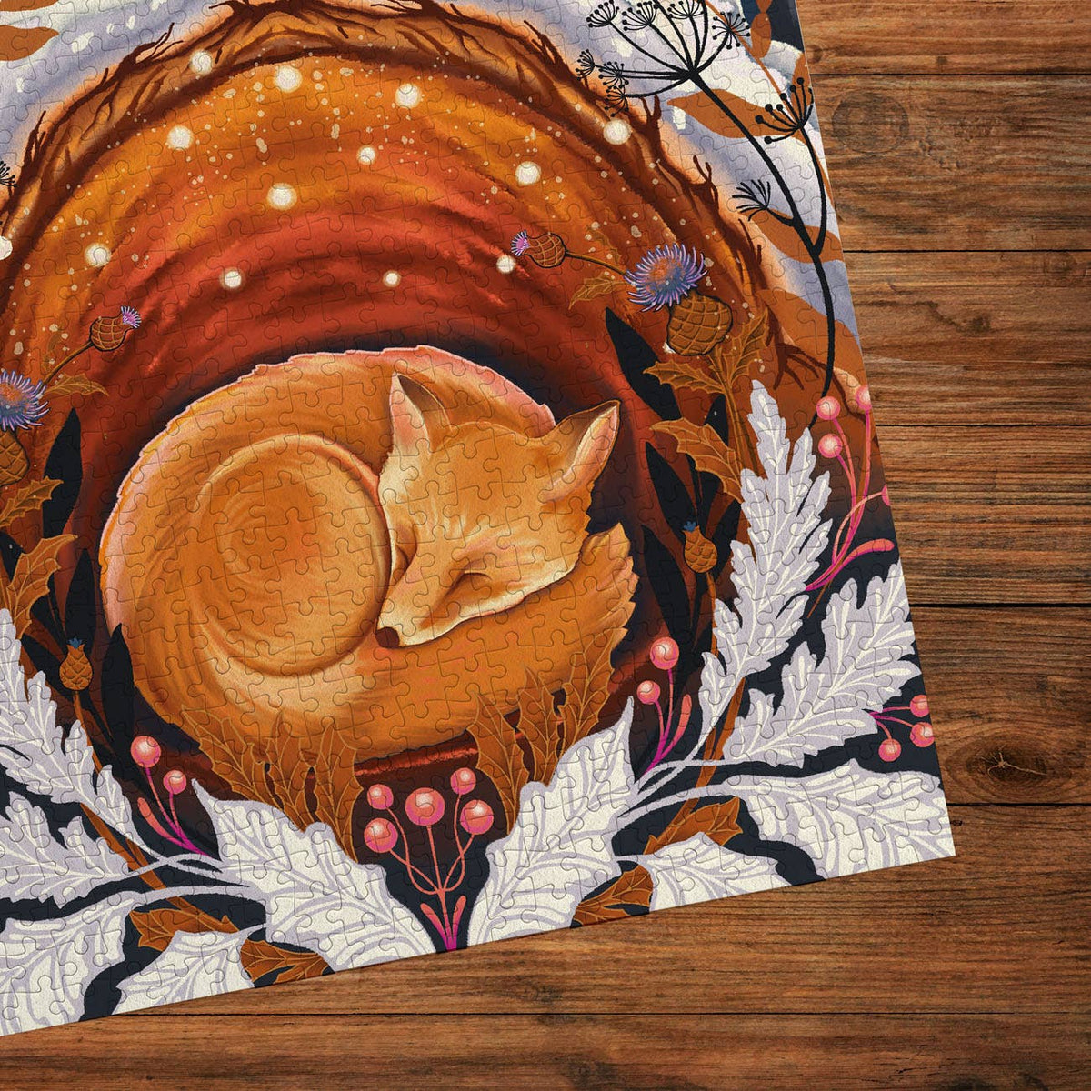 Moonlight Magic Gibsons jigsaw puzzle featuring a close-up of the sleeping woodland animal beneath a moonlit sky.
