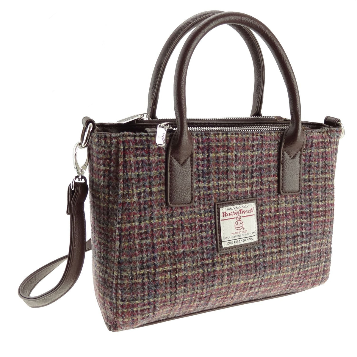 Glen Appin Brora small Harris Tweed tote bag in purple check with brown twin handles and detachable shoulder strap.