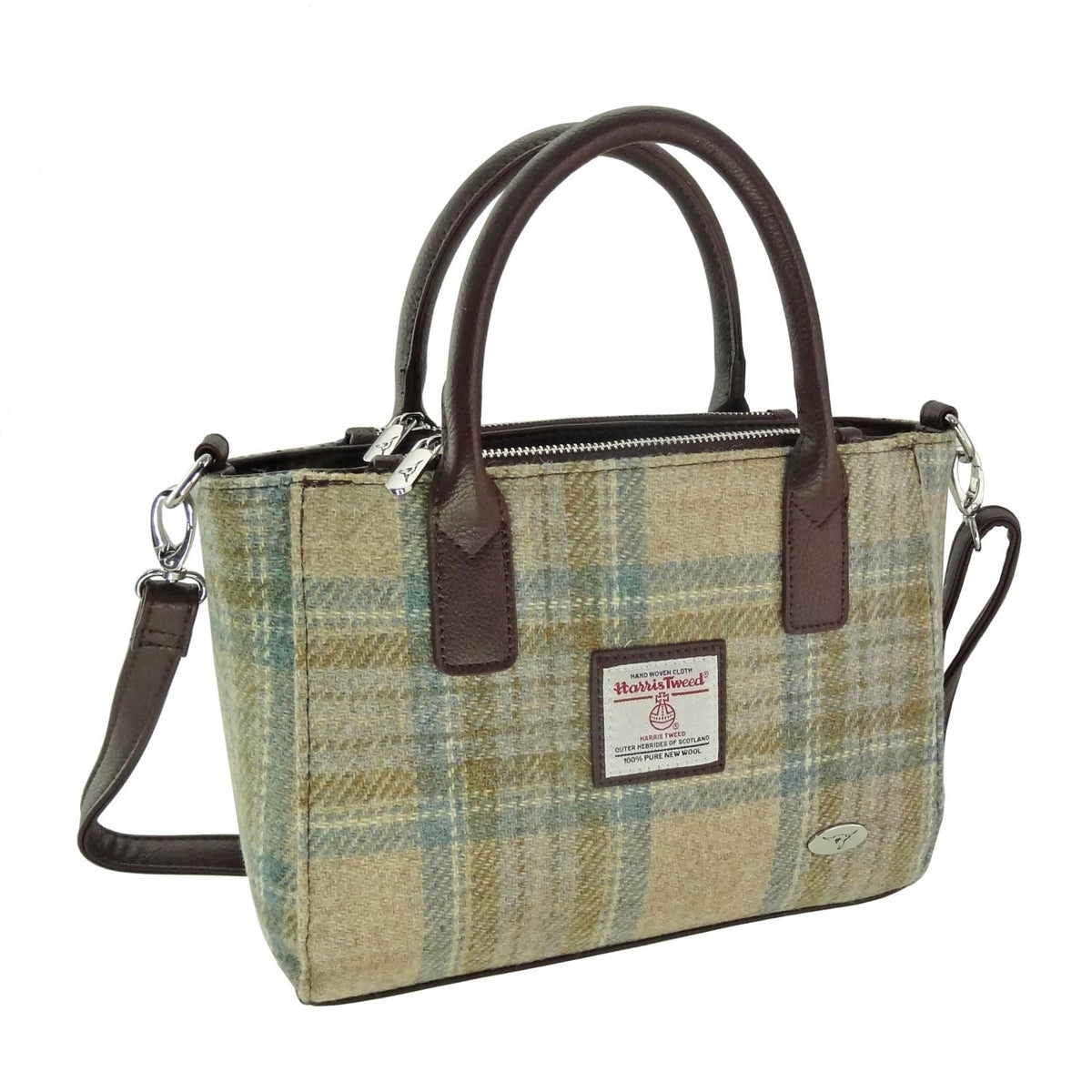 Glen Appin Brora small Harris Tweed tote bag in beige and brown check with brown twin handles and detachable shoulder strap.