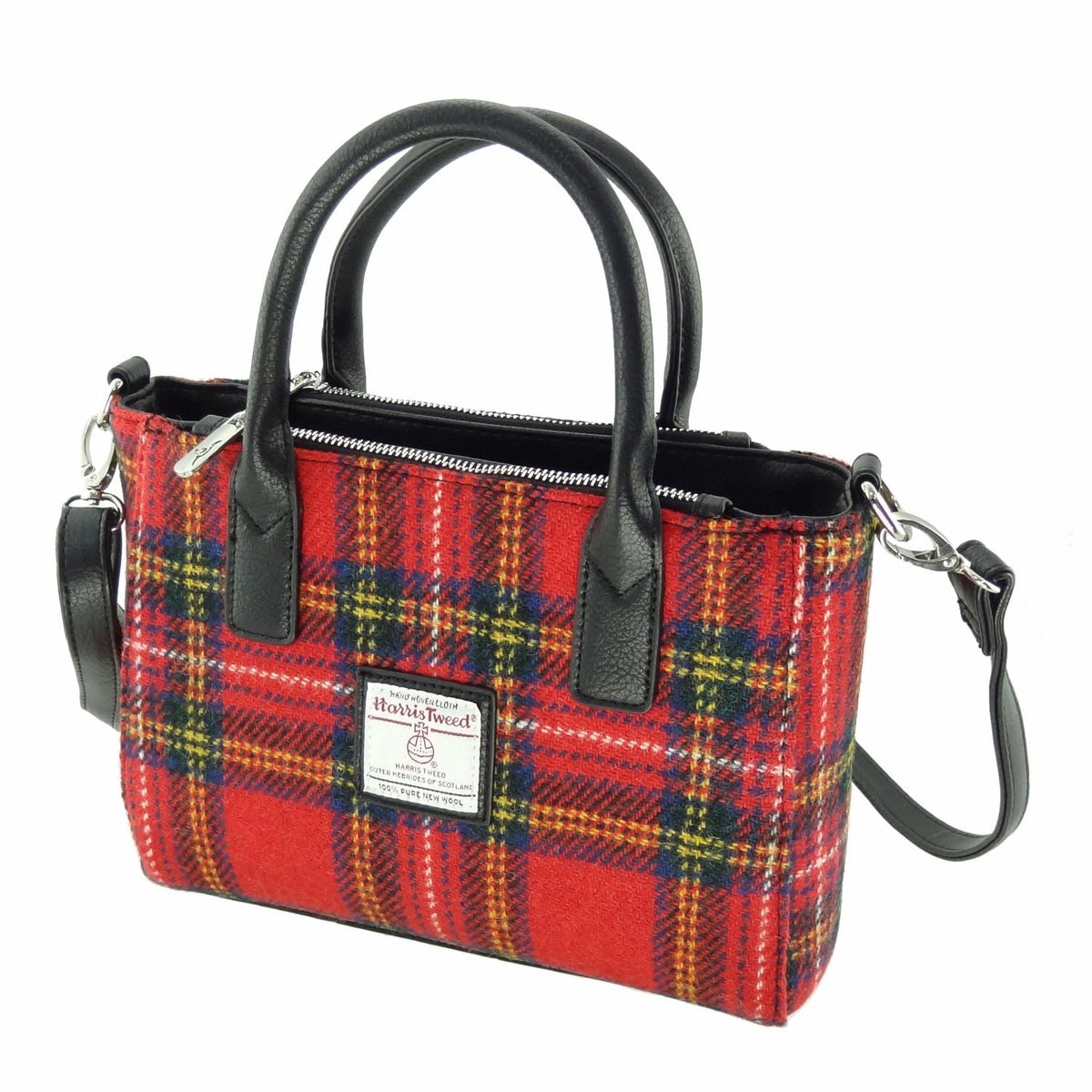 Glen Appin Brora small Harris Tweed tote bag in red, green and yellow check with black handles and detachable shoulder strap.