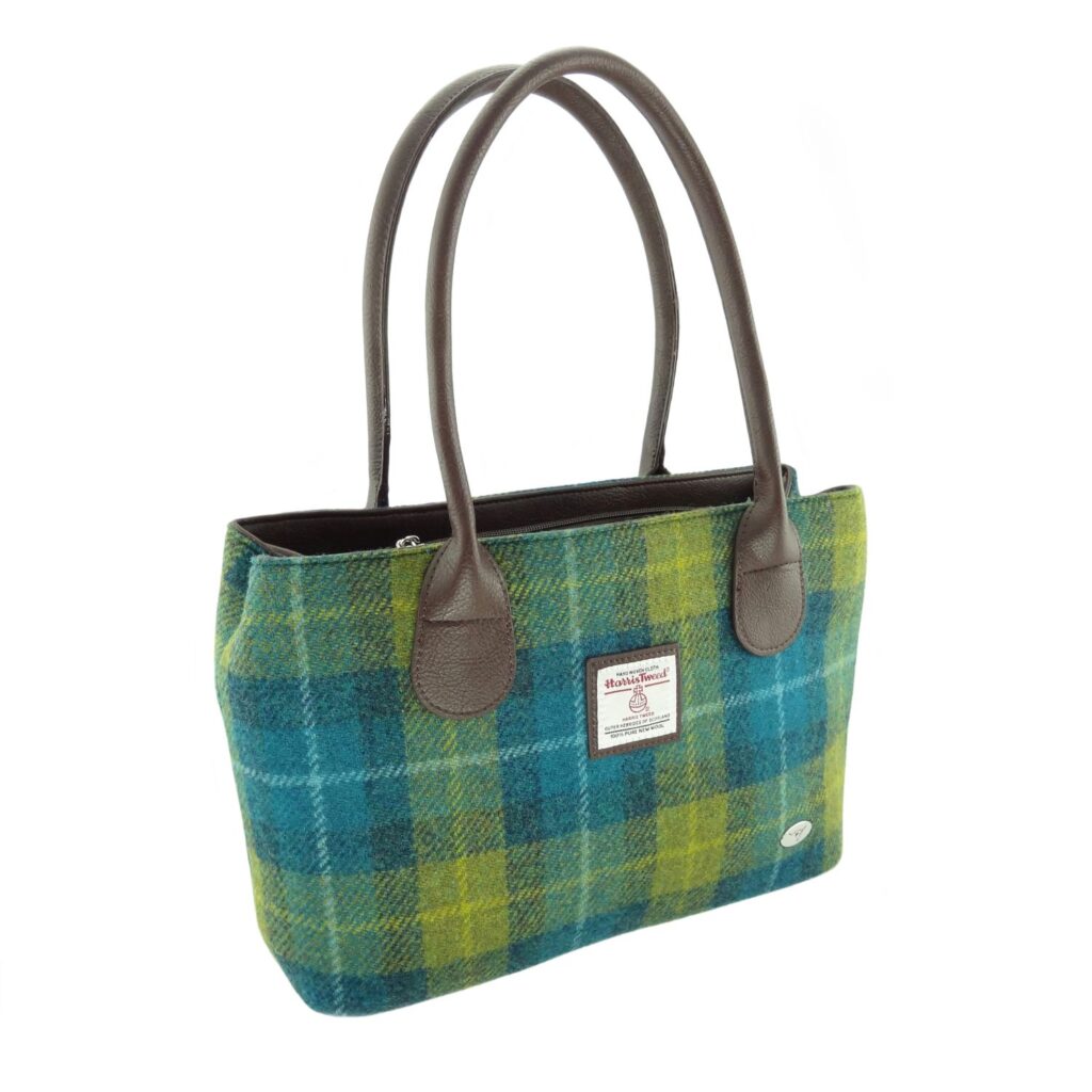 Glen Appin Cassley Harris Tweed handbag in blue and green check with brown twin handles and contrasting PU trim.