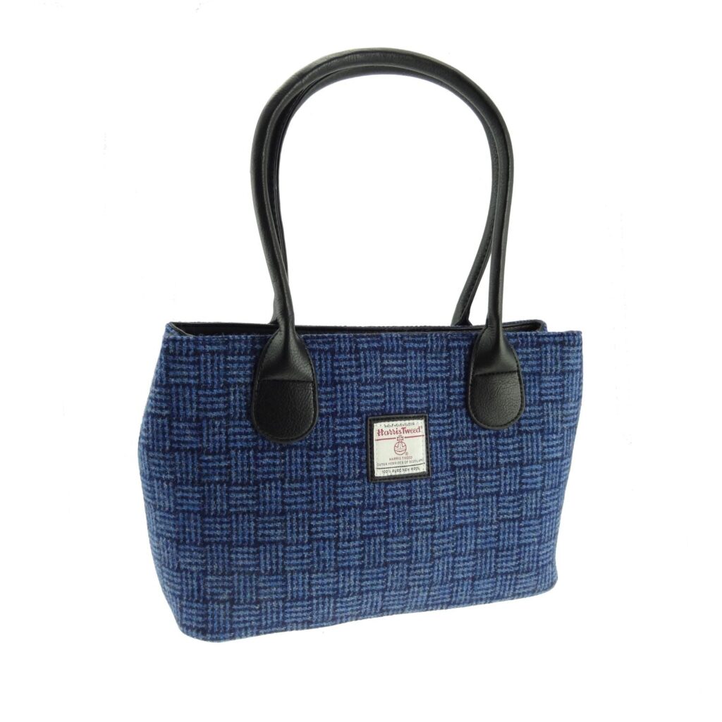 Glen Appin Cassley Harris Tweed handbag in blue and purple check with black twin handles and PU trim.