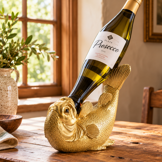 Gold fish wine bottle holder displaying a wine bottle on a rustic oak table in a warm, naturally styled interior.