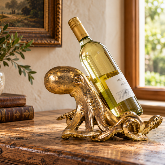 Gold octopus wine bottle holder displaying a wine bottle on a rustic oak table in a warm, naturally styled interior.