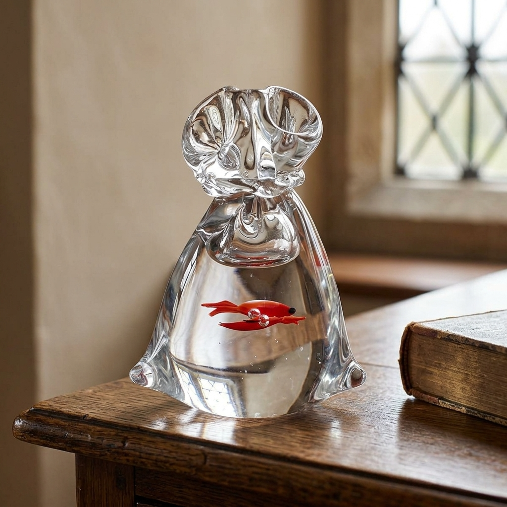 Goldfish glass bag paperweight displayed on an aged oak writing desk in an English country house