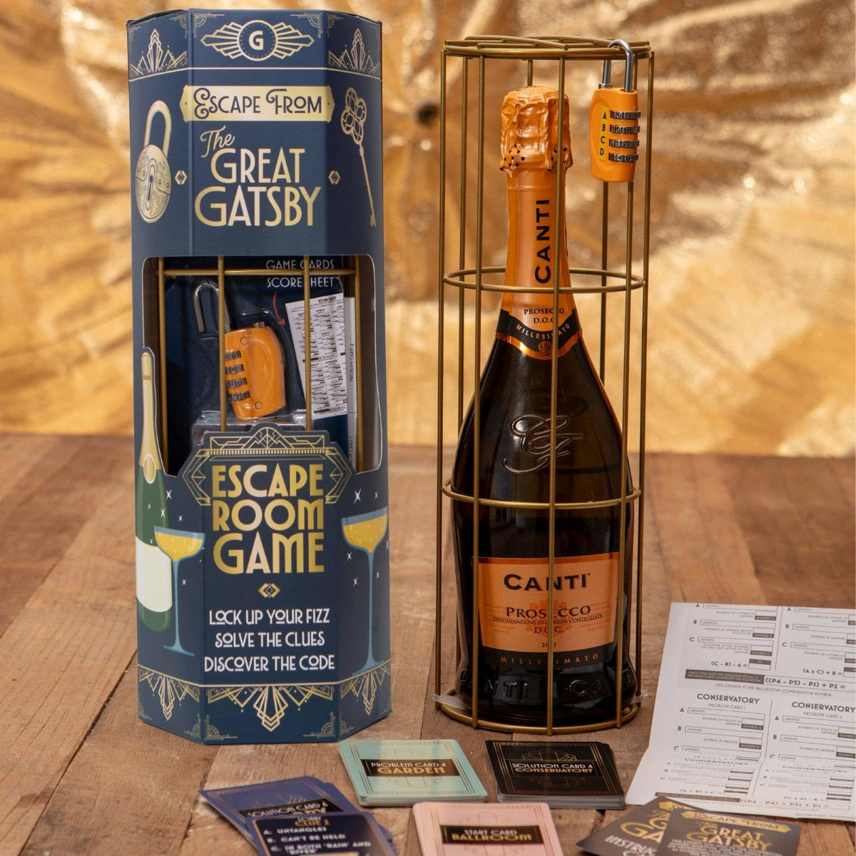 Bottle of prosecco locked inside The Great Gatsby Wine Escape Room metal cage