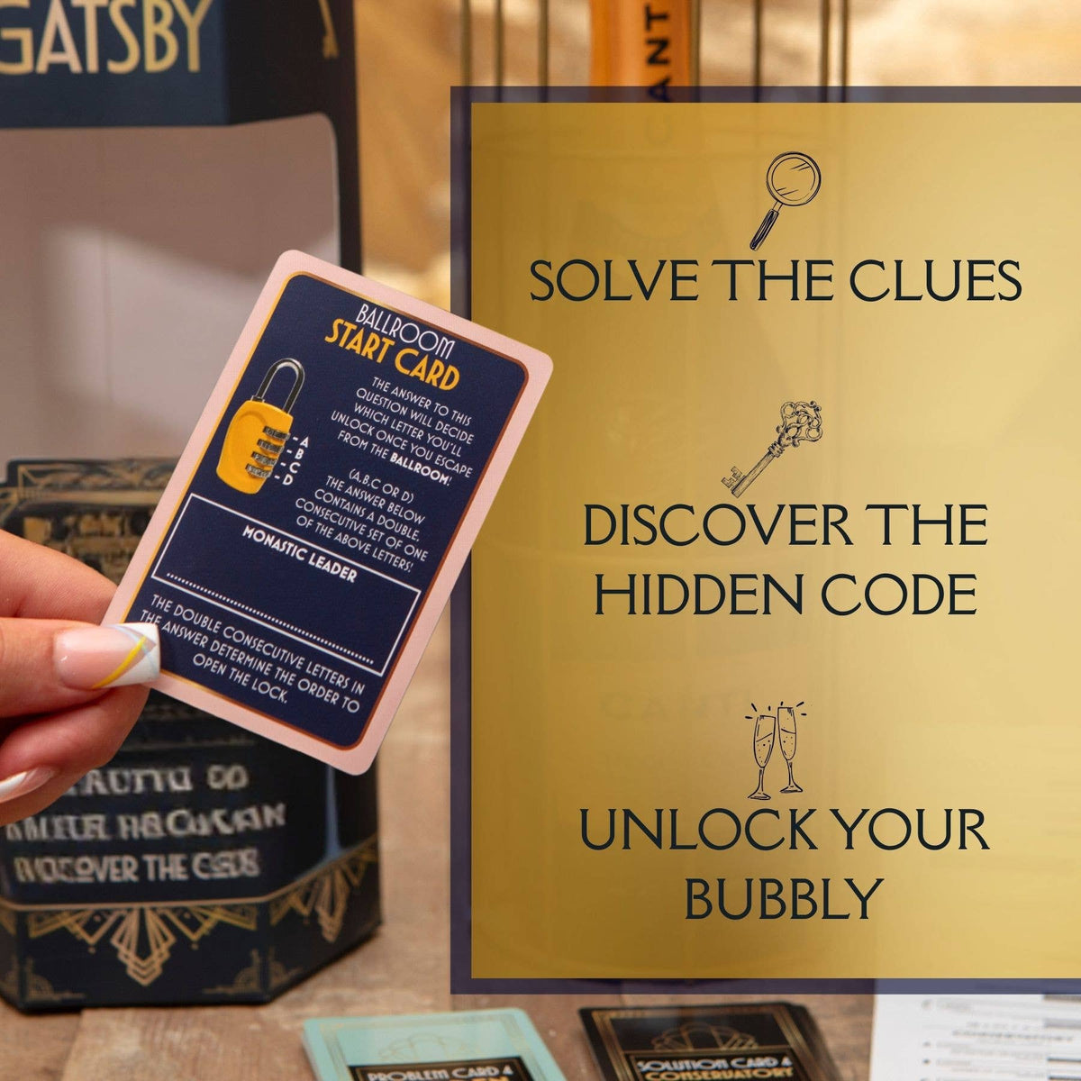 Great Gatsby Wine Escape Room puzzle showing clues used to discover the combination code