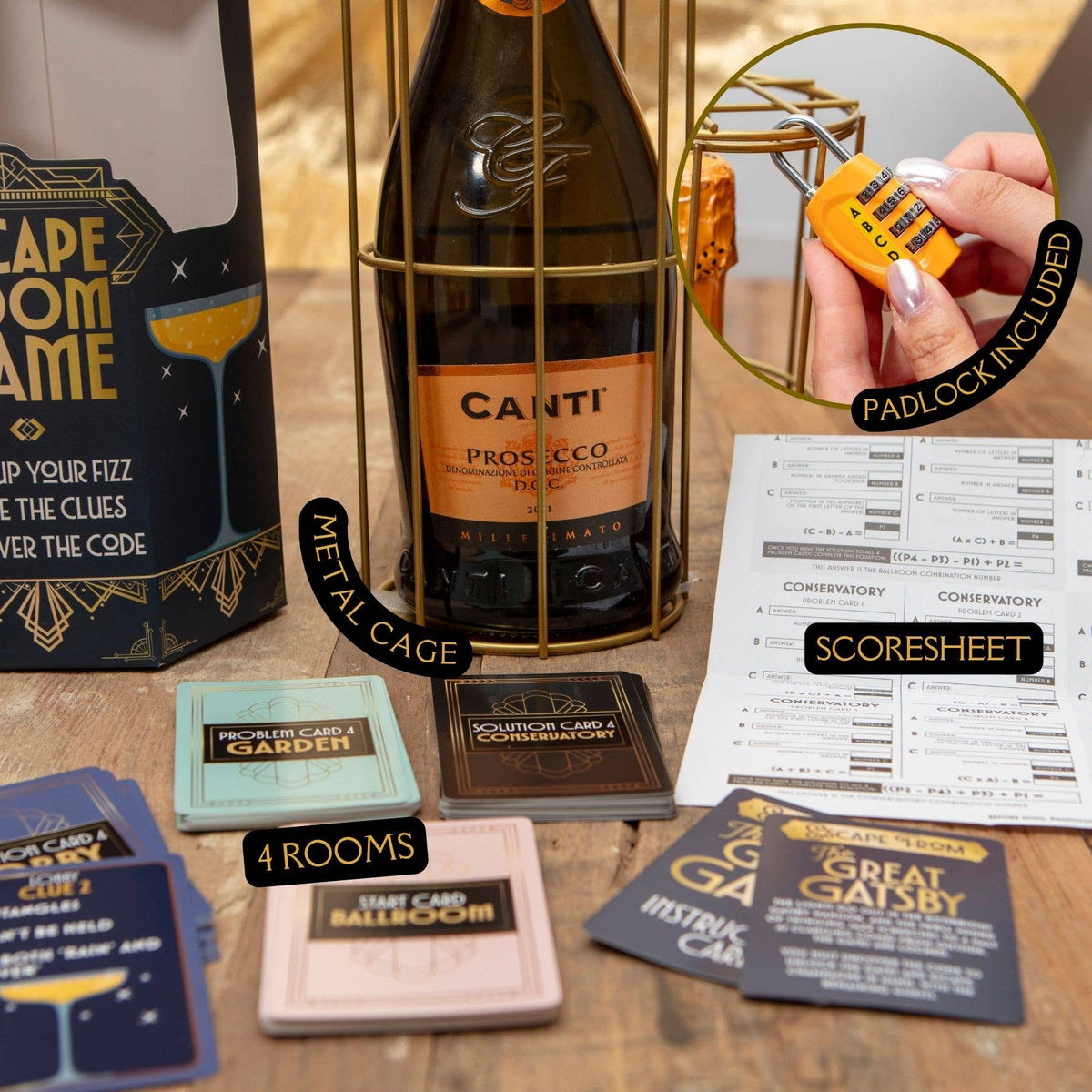 The Great Gatsby Wine Escape Room Game with bottle cage, padlock and puzzle materials