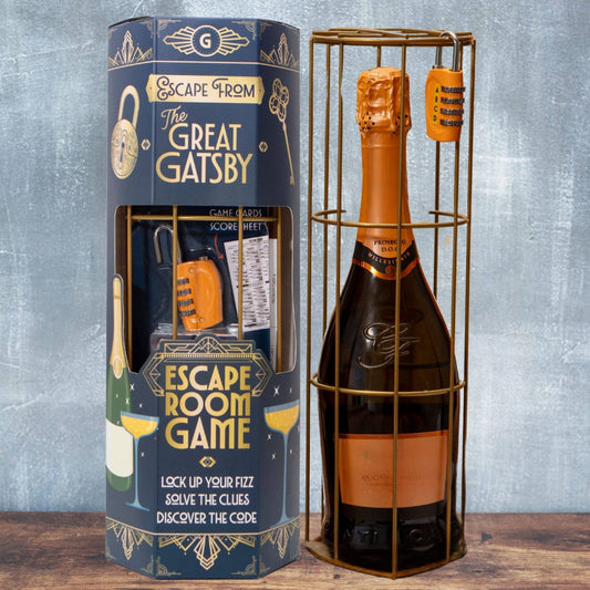 The Great Gatsby Wine Escape Room Game with vintage-style bottle cage and combination padlock