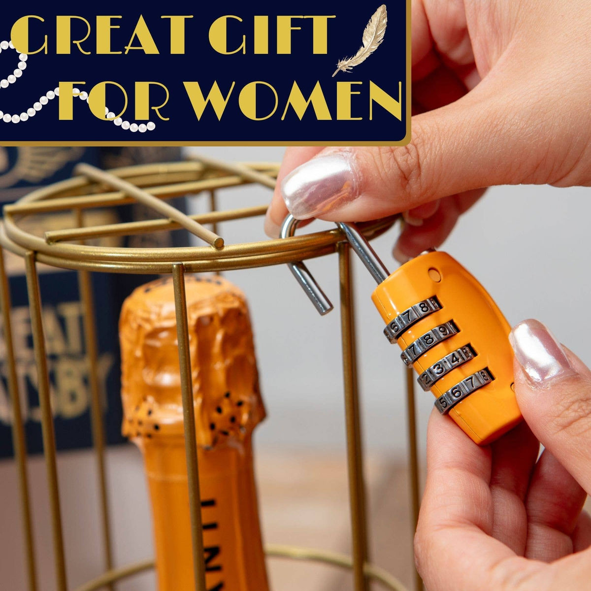 Combination padlock being unlocked on The Great Gatsby Wine Escape Room bottle cage