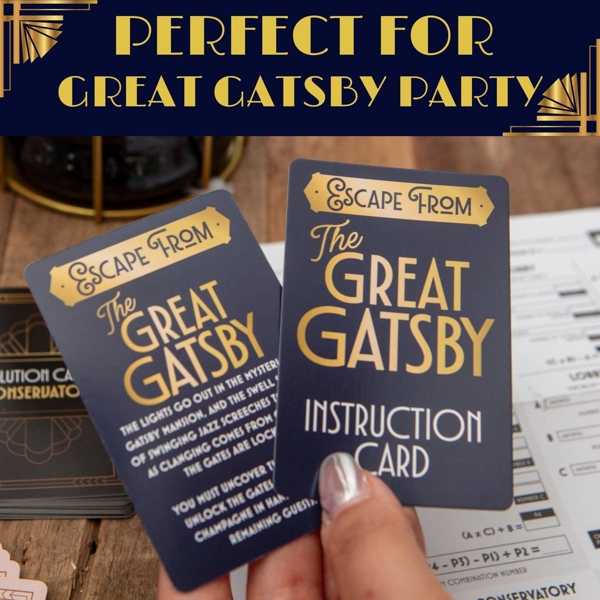 The Great Gatsby Wine Escape Room puzzle cards and game materials