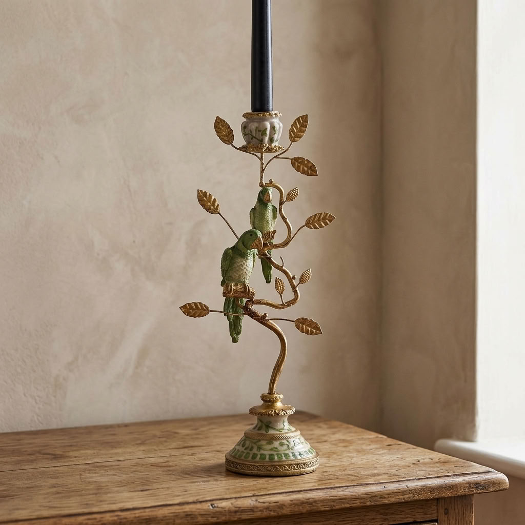 Green and gold parrot candle holder with a black taper candle displayed on a traditional oak surface against a warm neutral wall.
