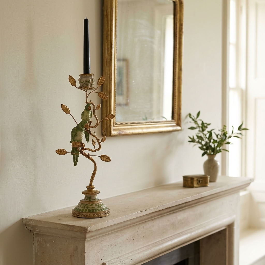 Green and gold parrot candle holder with a black taper candle styled on a pale mantelpiece beneath an aged mirror with subtle greenery.