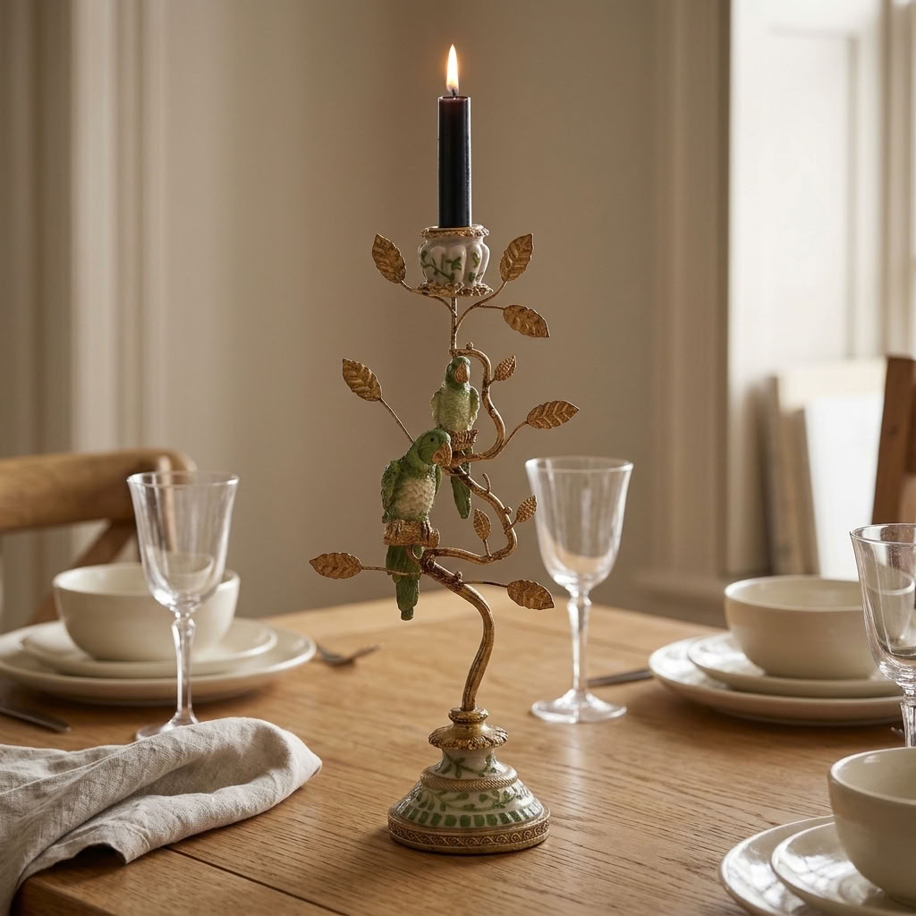 Green and gold parrot candle holder with a lit black taper candle styled on an oak dining table with neutral tableware and glassware.