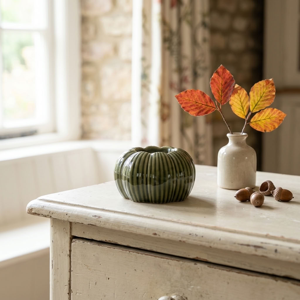 Green Pumpkin Tealight Holder styled with autumn foliage on a painted dresser in a traditional country home