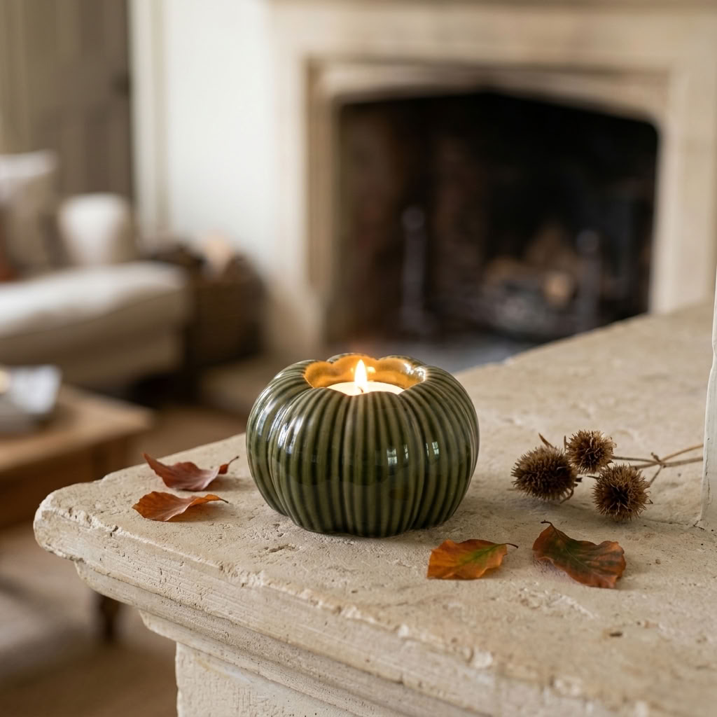 Green Pumpkin Tealight Holder with a lit tealight styled on a stone mantel in a cosy English country sitting room