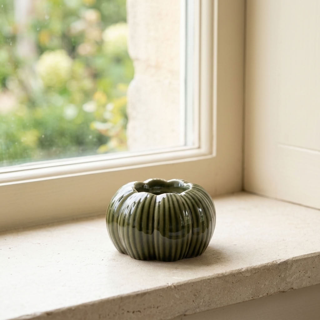 Green Pumpkin Tealight Holder displayed on a pale stone windowsill in a traditional English country home