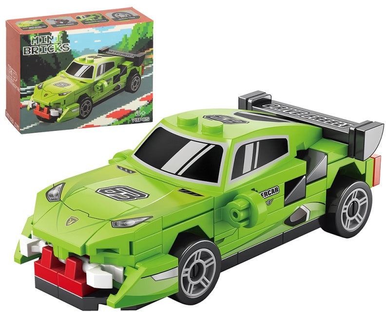 Green Race Car Mini Bricks Kit featuring a bright green racing car with black rear spoiler, sporty graphics and wheels, shown beside its packaging.