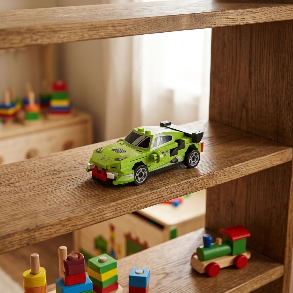 Build Your Own Green Race Car Mini Bricks Kit displayed on a wooden playroom shelf with colourful toys in the background