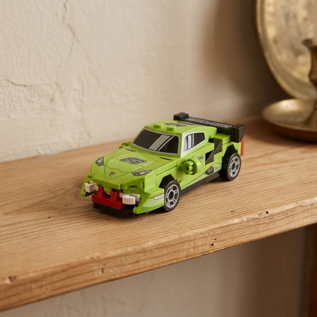 Build Your Own Green Race Car Mini Bricks Kit displayed on a rustic wooden windowsill in a country home