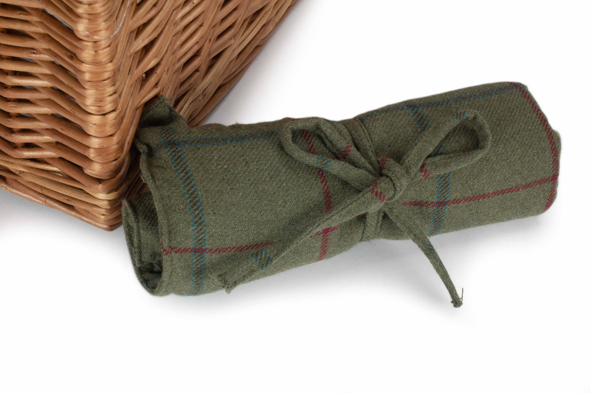 2 Person Green Tweed Double Lidded Picnic Hamper showing the rolled green cutlery holder with securing straps