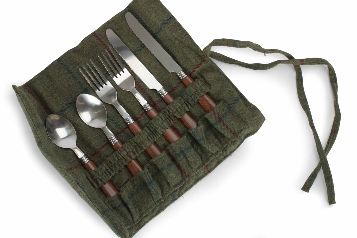 2 Person Green Tweed Double Lidded Picnic Hamper showing the cutlery set opened to display the individual utensils secured inside