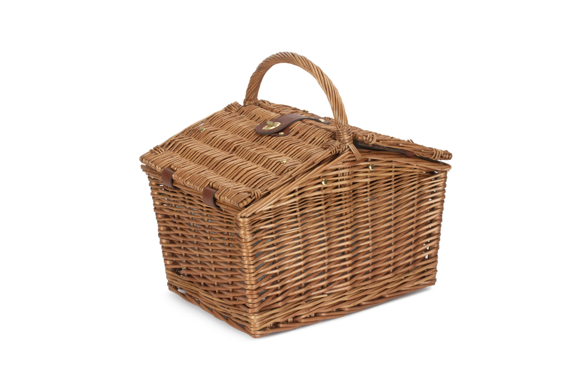 2 Person Green Tweed Double Lidded Picnic Hamper closed with traditional woven willow basket and curved carry handle