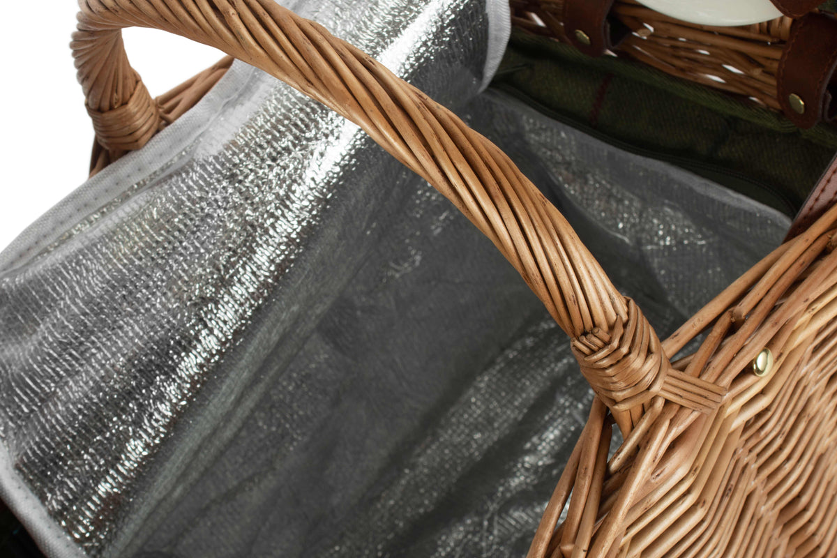 2 Person Green Tweed Double Lidded Picnic Hamper showing the silver insulated cooler compartment inside the wicker basket