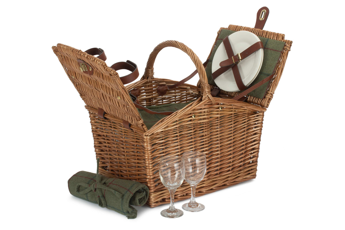 2 Person Green Tweed Double Lidded Picnic Hamper opened to display fitted plates, wine glasses, cutlery and picnic accessories