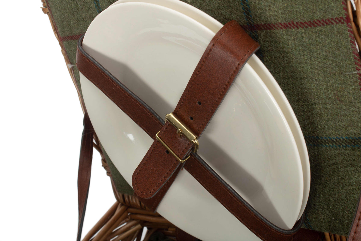 2 Person Green Tweed Double Lidded Picnic Hamper close-up showing a porcelain plate secured inside the willow lid with tan straps